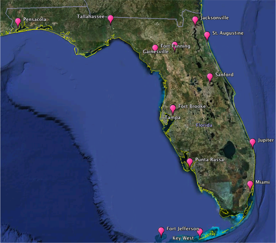 Canaveral Forts - Map displaying the fort sites (pink) as documented in NOAA’s Forts program
